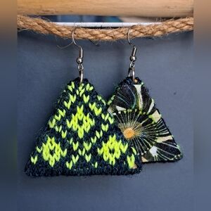 Triangle Colorwork Knit Earrings Dark Green Neon Yellow Premium Yarn